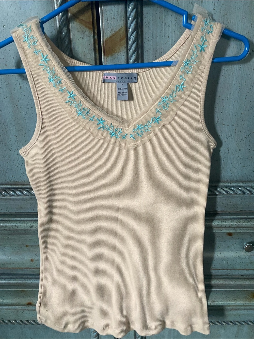 Mad Decision Cream Ribbed Tank with Aqua Embroidered V-Neck